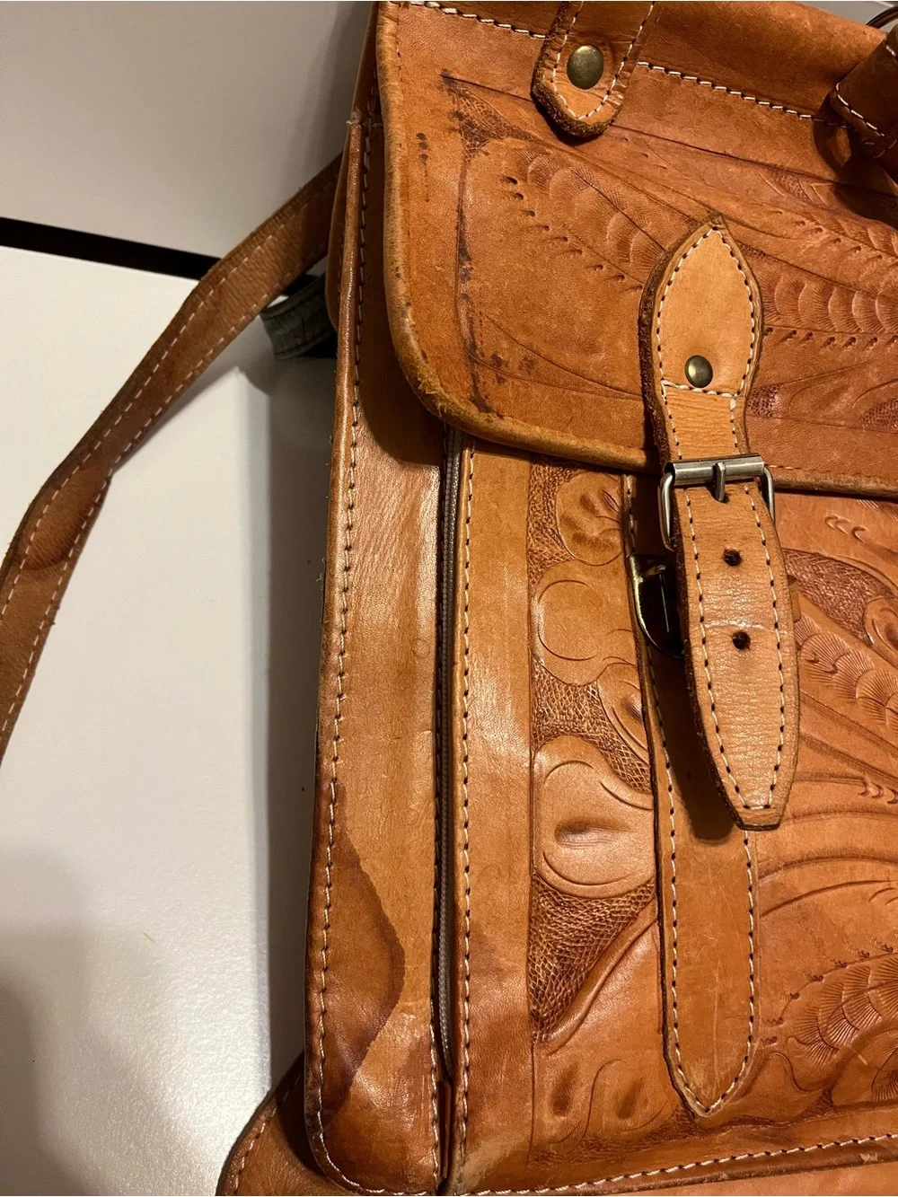 Hand-Tooled Vintage Leather Satchel Bag in Tan